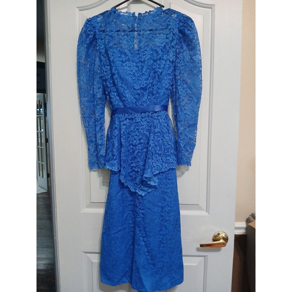 Vintage 70's Handmade Blue Lace A-line Midi Evening Dress W/ Lace Overlay S/M